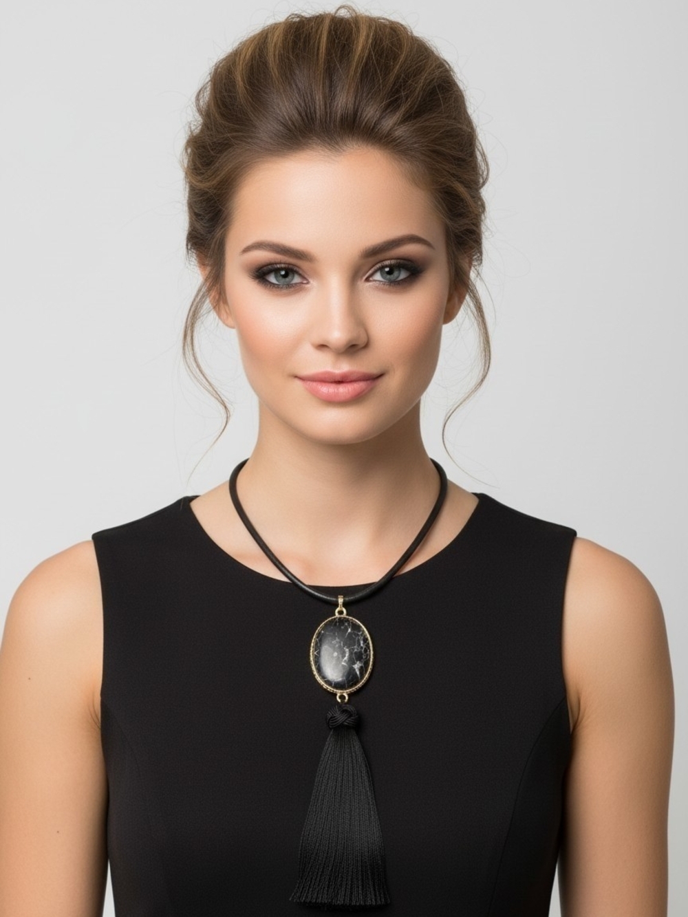 🖤▪️Camila Coelho▪️ Black Tassel Necklace with Marbled Stone and Gold Accent